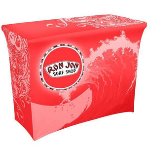 Tablecloth with logo for Ron Jon surf shop, red background with white logo