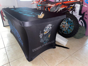 Custom printed spandex cover for 6 foot table in black 