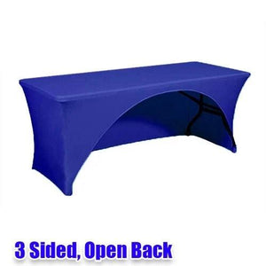 Graphic of a Blue Spandex tablecloth from the backside, showing open back option