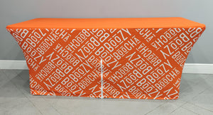 Orange and white Spandex tablecloth die sublimated with the Boozy customer logo