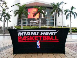 Black digitally printed custom tablecloth with logo for the Miami Heat NBA franchise