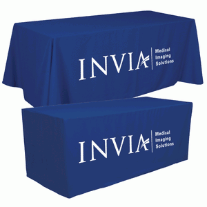 6' fo 8-foot Custom printed Liquid repellant tablecloth in light blue for Invia medical Imaging 