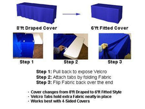 Instruction on how to convert from draped to fitted look on a convertible printed tablecloth