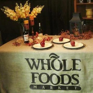 Printed burlap tablecloth with one color front panel print