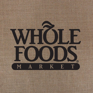 Close of a burlap tablecloth printed in black for Wholefoods Supermarkets