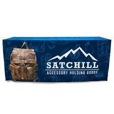 8' Blue custom-printed tablecloth for the Satchill Bag company