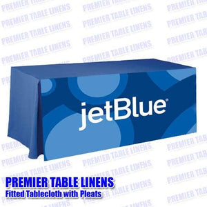 Custom Printed fitted tablecloth with corner pleat for Jet Blue Airlines