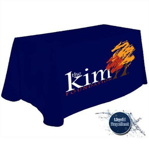 Blue liquid repellent table throw with custom full-color print for the Kim Foundation. 