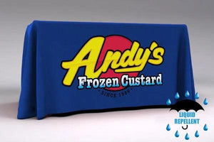 8' Red Custom printed Liquid Repellent Table cover with Front Panel Print for Andy's Frozen Custard