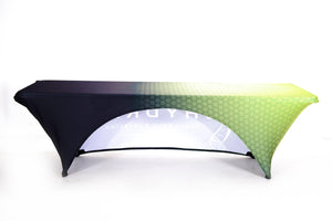 Backside of Spandex table throw with Hydra corporate logo showing an open back