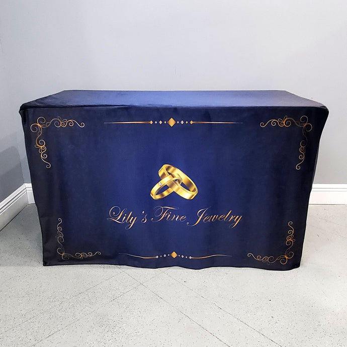 8-foot fitted Velvet table throw with front panel print for Lily's fine jewelry