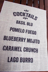 Faux Burlap Table sign with Cocktail names printed on it