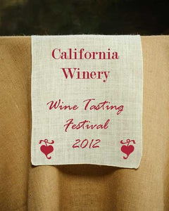 Printed Faux Burlap Table Runner in ivory with a natural color tablecloth for the California Winery