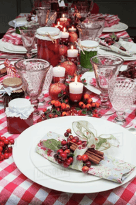Christmas tablecloth,  Gingham tablecloth red and white with linen napkins 