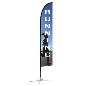 8 Foot single side feather flag with running printed on it 