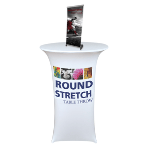 White Spandex cocktail tablecloth sublimated with full color art in the center and table banner