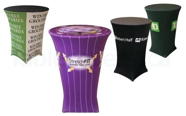 custom printed cocktail table covers in different colors with client logos