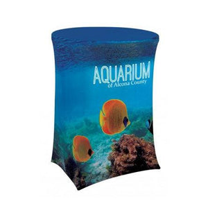 Custom printed high boy table with full color print of Aquarium art and logo