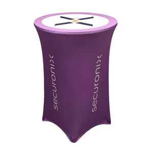 Custom Printed spandex cocktail cover with company logo vertically placed in center areas