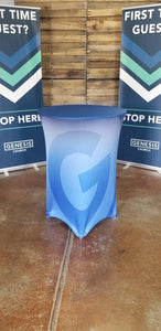 Spandex cocktail cover printed in full color with customers logo and pull up banners behind