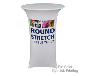 White Spandex cocktail table cloth with full color print in the front center