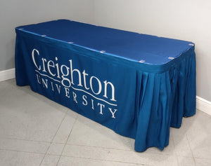 Custom printed table skirt with Logo and table topper clips