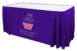 Custom printed table skirt with front panel print for queen Sins Cupcakes