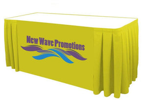 Custom branded table skirt with box pleats for New Wave Promotions