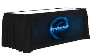 Black custom printed table skirting with full color print for Lenovo computers
