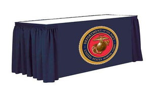 Navy table skirt with full color front panel for the United States Marine Corp