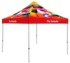 10 foot custom printed event tent with images of umbrellas on top of tent