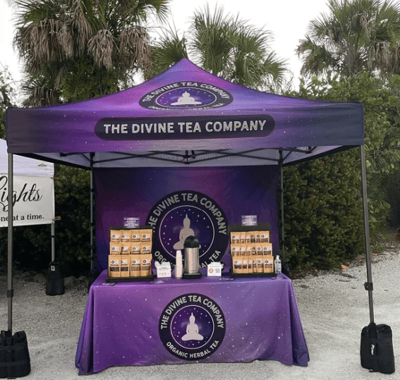 Custom Printed 10 foot tent with all-over print and matching backdrop and tablecloth 