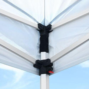 Close-up photo of the corner mechanism of a custom printed tent