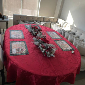Red oval table linen, Christmas red tablecloth