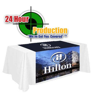 Custom printed Liquid Repellant table runner for Hilton Hotels with 24-hour production graphic above