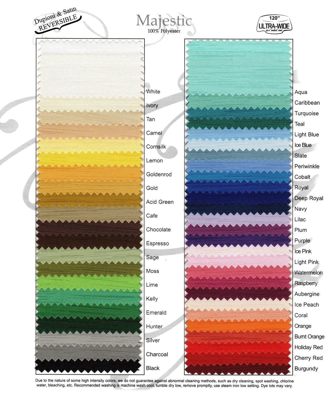 Our majestic fabric color and material swatch card with all 47 colors