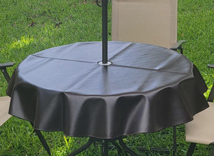 Black outdoor vinyl table cloth with umbrella hole and zipper
