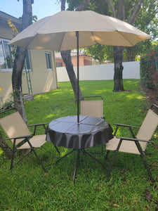 Vinyl outdoor tablecloth in a beautiful yard