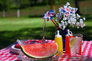 Check oval vinyl tablecloth during July 4th celebration