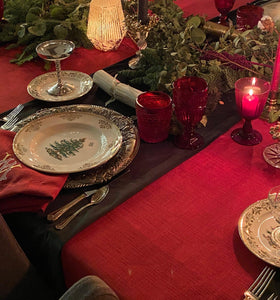 Holiday red Christmas tablecloth with fine china