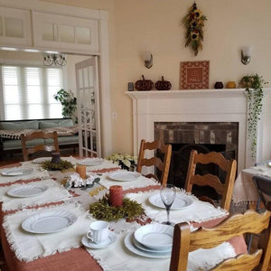 Christmas tablecloth for an oval table, decorated for holiday