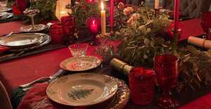 Beautiful Christmas tablecloth with nice china 