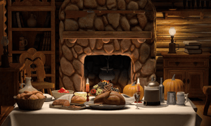 White table cloth in a log cabin Thanksgiving dinner with a turkey, bread, and decorations