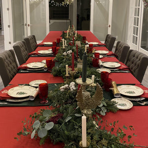 Red Panama Linens on an elegant Holiday table with napkins and 4 table runners