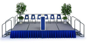 Blue Poly Premier skirt on empty graduation stage with chairs, plants and a podium