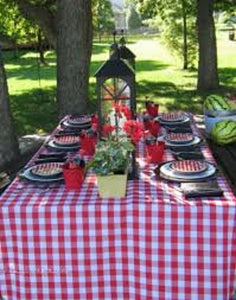 Red and white checkered tablecloth outdoor wedding