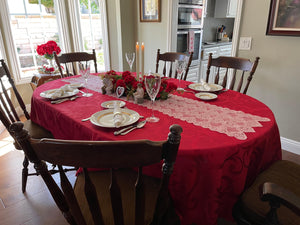 red Damask tablecloth with lace table runner