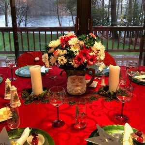 cDamask Tablecloth , red table cloth in a dining room overlooking river