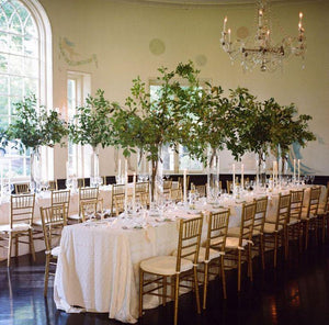 White Havana Wedding linens in an elegant reception with banquette chairs and plant centerpieces