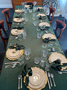 Christmas Table with Green Velvet linens shot from above